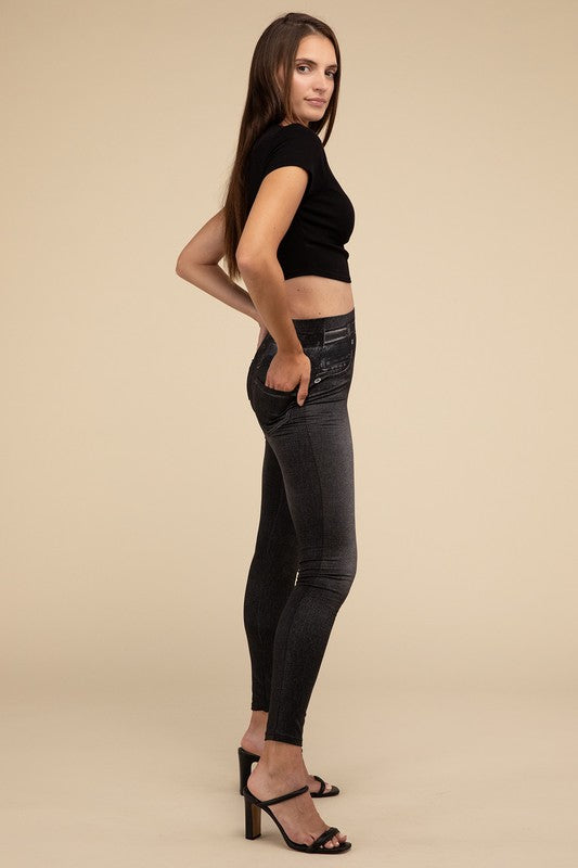 Casual High Rise Waist Denim Fitted Leggings