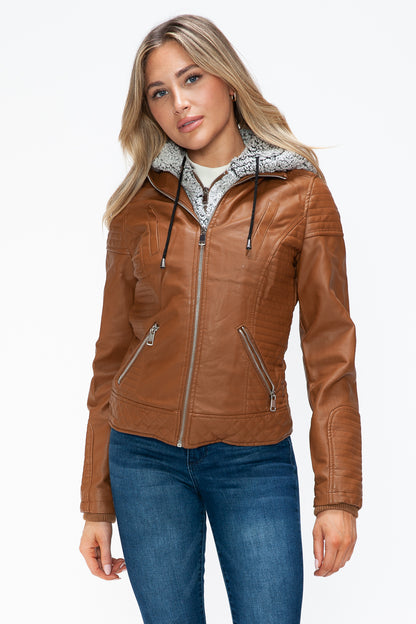 Camel Faux Layered Double-Zipper Jacket with Fuzzy Hood