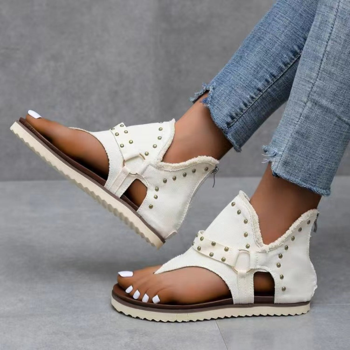 Studded Raw Hem Flat Sandals - Fashions Envy