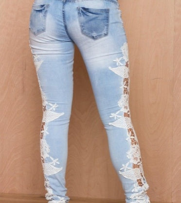 Lace Detail Jeans - Women's Cotton Denim Pants