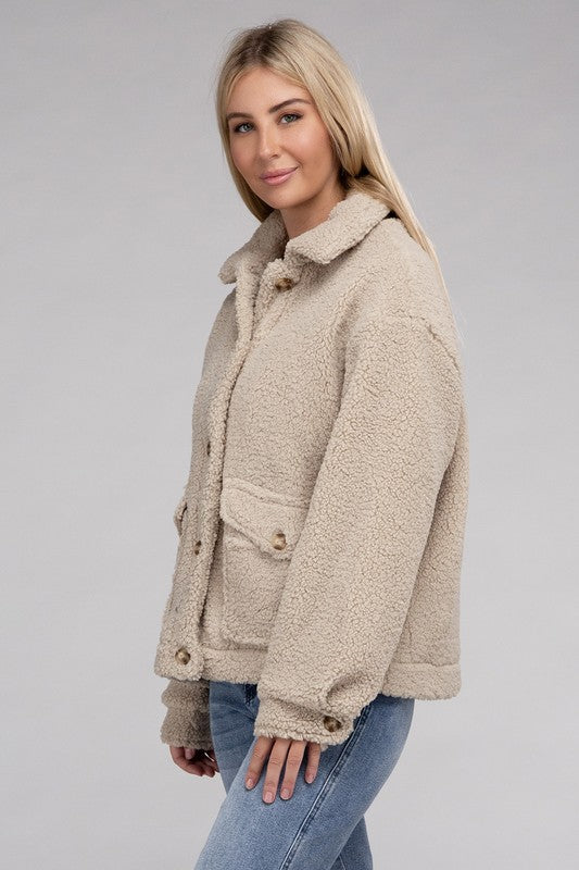 Cozy Sherpa Button-Front Long Sleeve Jacket