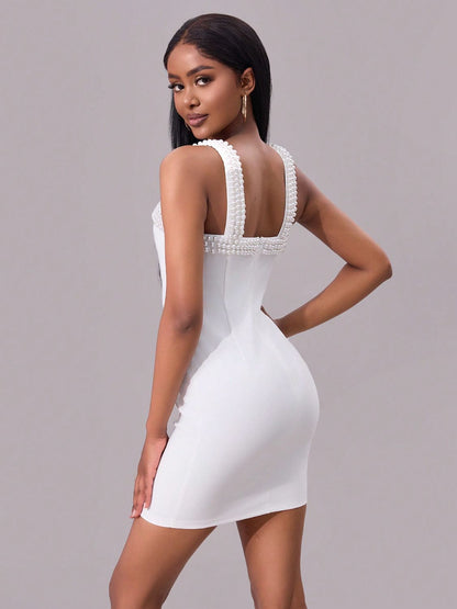 White Pearl Detail Square Neck Wide Strap Mini Dress