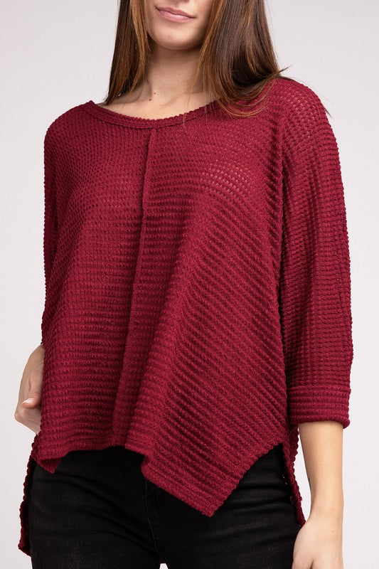 V-Neck 3/4 Sleeve Hi-Low Hem Jacquard Sweater