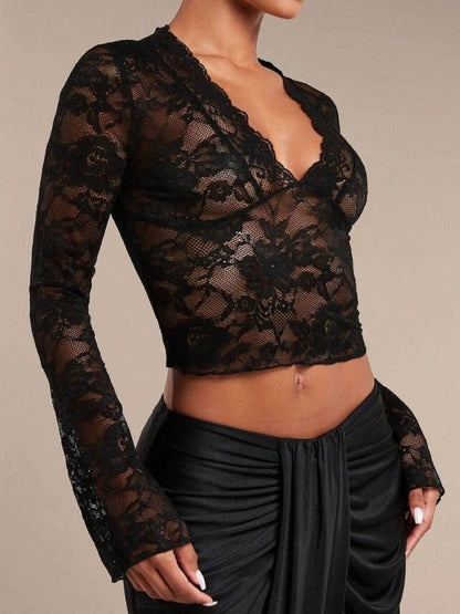 V-Neck Flare Sleeve Lace Top