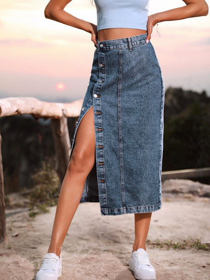 Button Down Denim Skirt - Fashions Envy