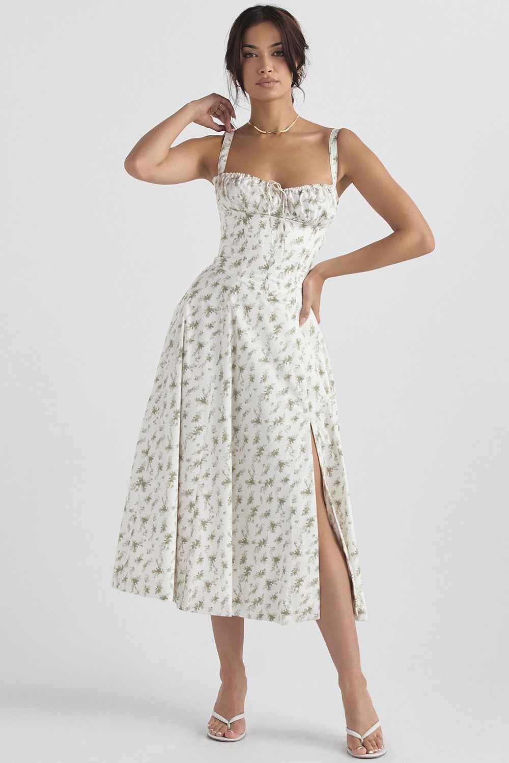 Corset Lace-Up Back Midi Dress - Wide Strap Side Slit