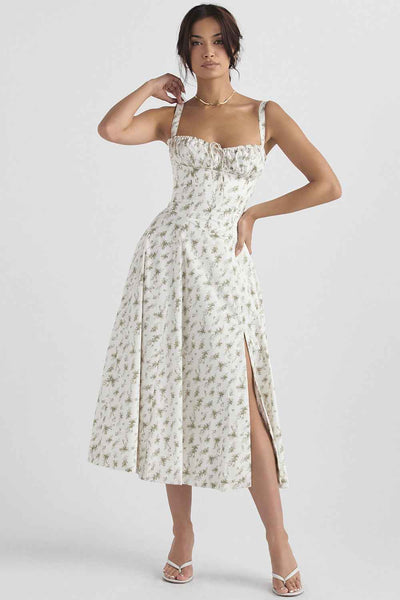 Corset Lace-Up Back Midi Dress - Wide Strap Side Slit