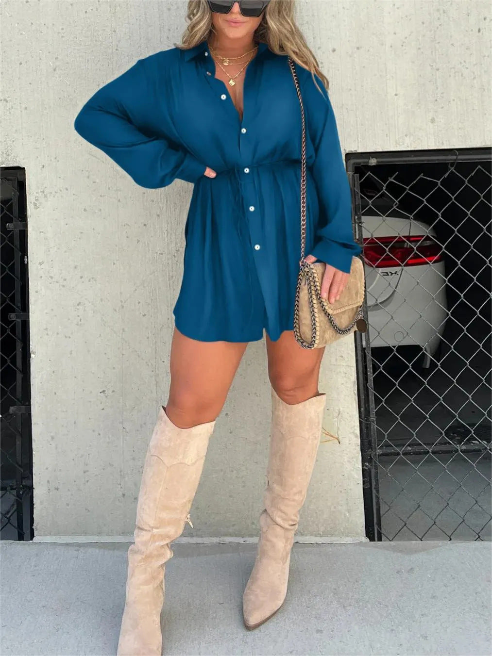 Mini Shirt Dress - Long Sleeve Button Up Style