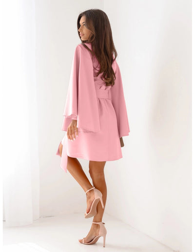 Autumn Mini Dress - Flared Sleeve Lace-Up Round Neck - Fashions Envy