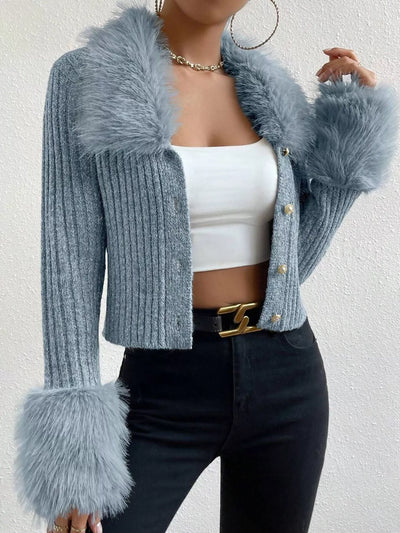 Faux Fur Trim Ribbed Knit Cropped Cardigan - Fashions Envy
