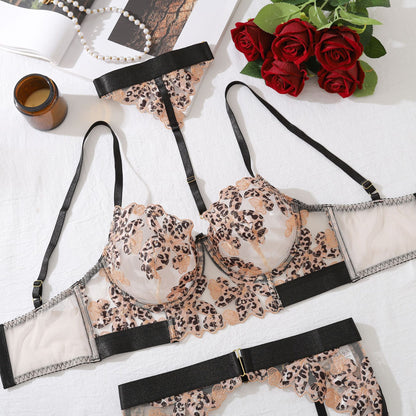 Leopard Print Lingerie Set - Five Piece Embroidered