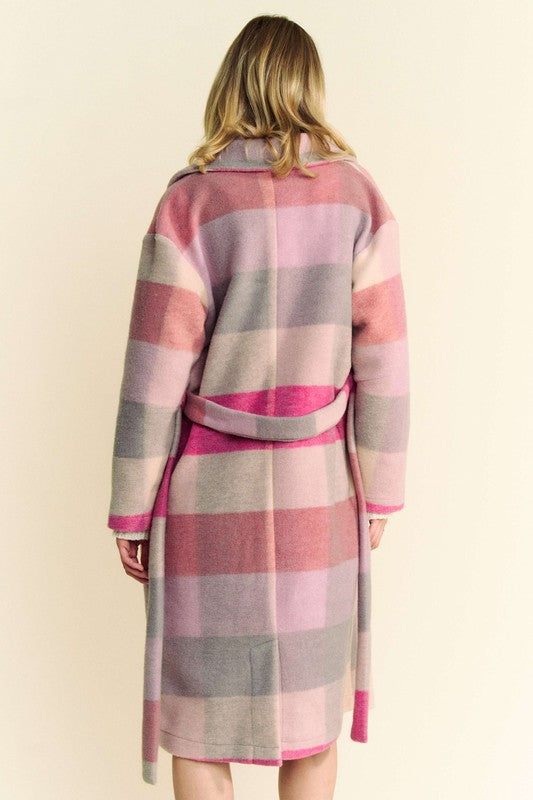 Hot Pink Multicolor Tied Color Block Collared Neck Coat