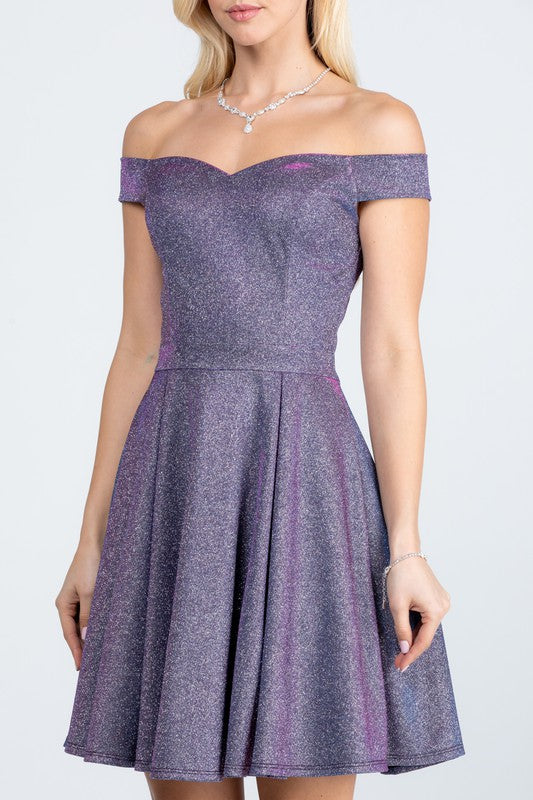 Off-shoulder Glitter Jacquard Skater Mini Dress