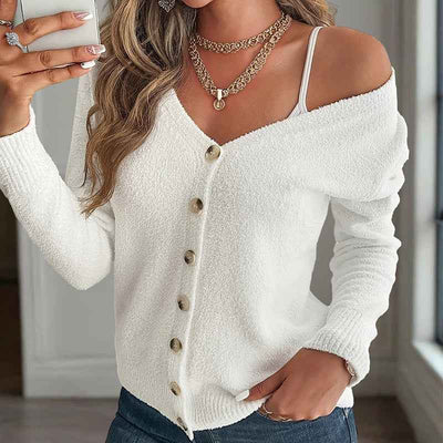 Button-Front Cardigan - V-Neck Knit Sweater - Fashions Envy