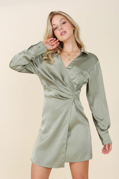 Satin Collared Long Sleeve Wrap Mini Dress