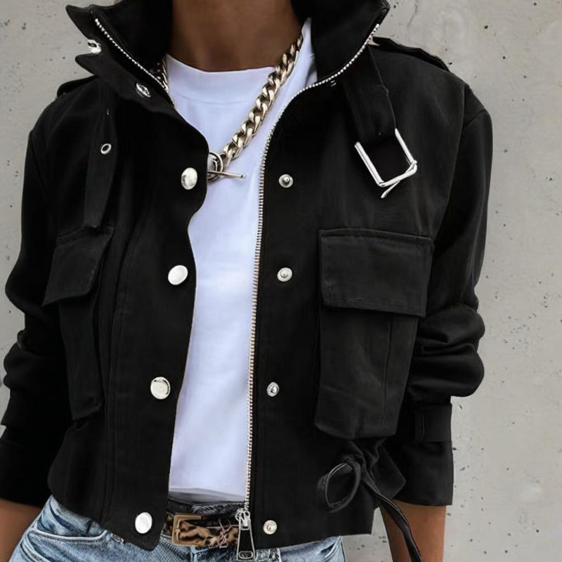 Women's Stand Collar Jacket - Button Zipper Spring Coat - Fashions Envy