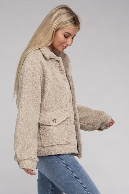 Cozy Sherpa Button-Front Long Sleeve Jacket