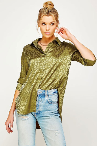 Satin Leopard Print Collared Button Down Top