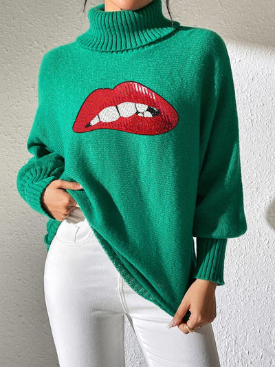Lip Turtleneck Long Sleeve Sweater - Fashions Envy