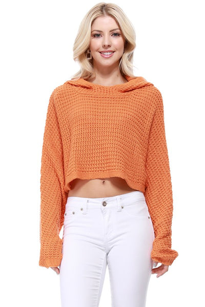 Bat Wing Sleeve Crop Waffle Knit Hoodie Top - Fashions Envy
