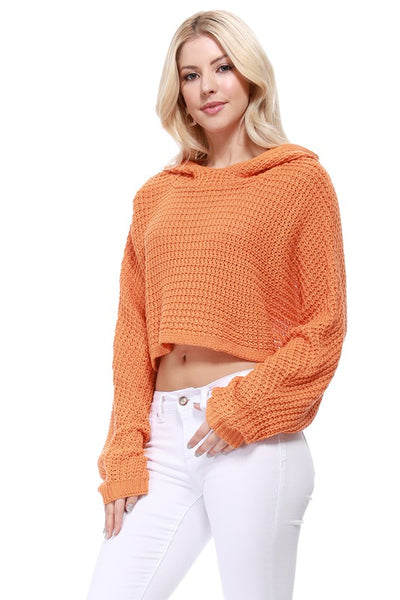 Bat Wing Sleeve Crop Waffle Knit Hoodie Top - Fashions Envy
