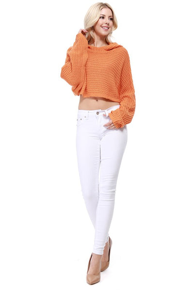 Bat Wing Sleeve Crop Waffle Knit Hoodie Top - Fashions Envy