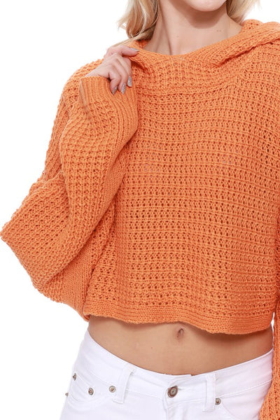 Bat Wing Sleeve Crop Waffle Knit Hoodie Top - Fashions Envy
