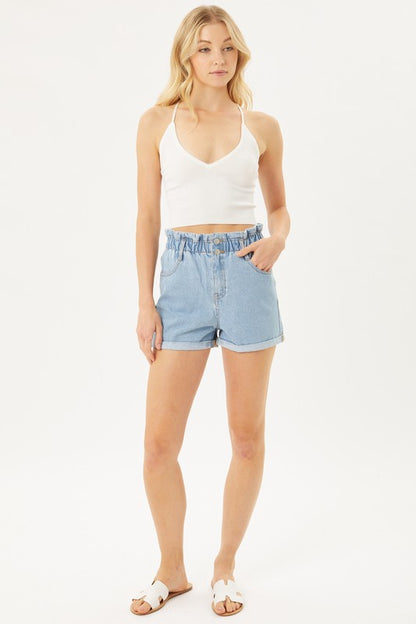 Double Buttoned Ruffle Waistband Denim Shorts