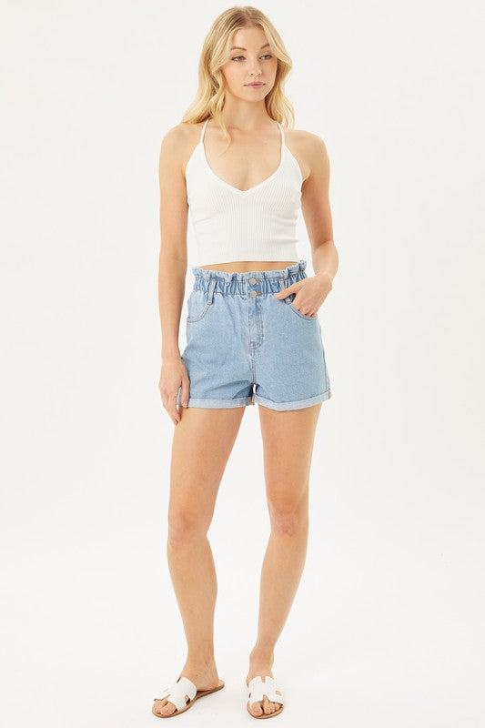 Double Buttoned Ruffle Waistband Denim Shorts