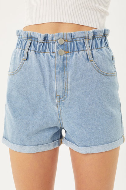 Double Buttoned Ruffle Waistband Denim Shorts