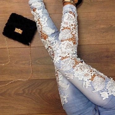 Lace Detail Jeans - Women's Cotton Denim Pants