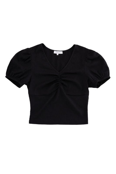 Shirred V-Neck Short Puff Sleeve Top