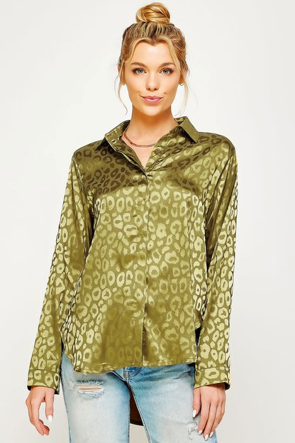 Satin Leopard Print Collared Button Down Top