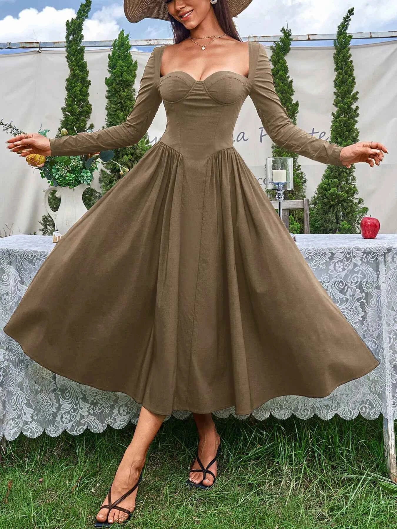 Sweetheart Neckline Long Sleeve A-Line Midi Dress