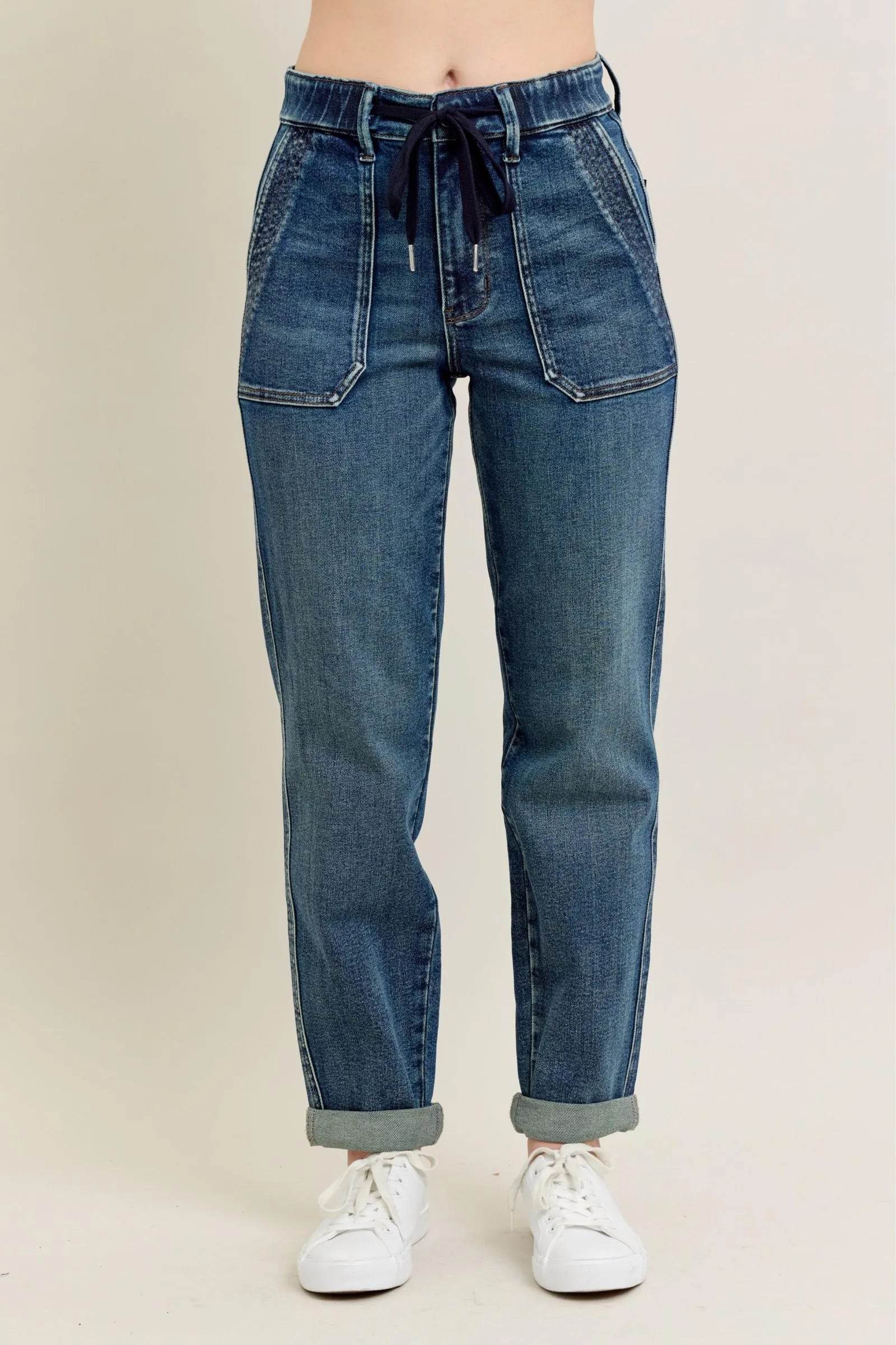 Judy Blue Full Size HW Vintage Wash Jeans w/ Drawstring Plus Size - Fashions Envy