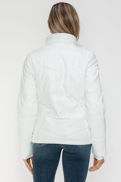 Pocketed Zip Up Turtleneck White Puffer Jacket