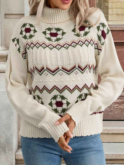 Cable Knit Turtleneck Sweater - Fair Isle Holiday Style - Fashions Envy