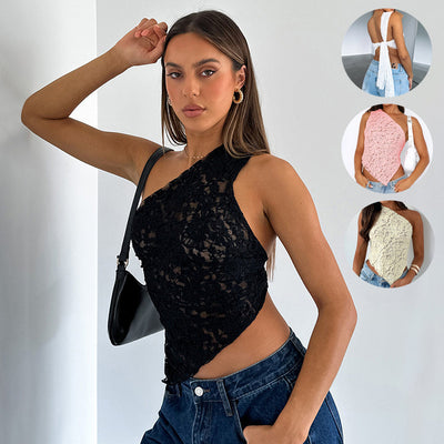 Lace Backless Tank Top - Asymmetrical Sloped Neck