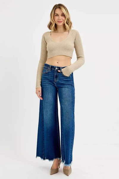 RISEN Wide Leg Jeans - Ankle Length Dark Wash Denim