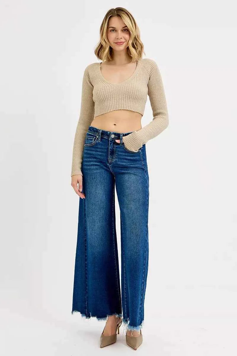 RISEN Wide Leg Jeans - Ankle Length Dark Wash Denim