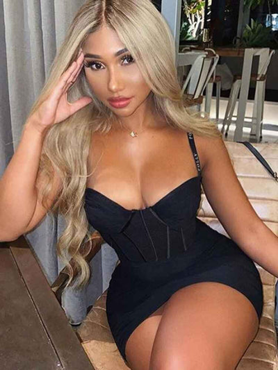 Sheer Mesh Mini Dress - Ruched Spaghetti Strap Bodycon