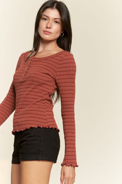 Ribbed Henley Neck Long Sleeve Basic Top