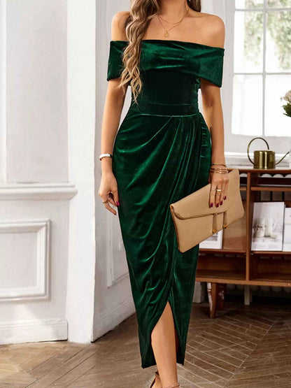 Velvet Off-Shoulder Midi Dress - Ruched Bodycon Slit - Fashions Envy