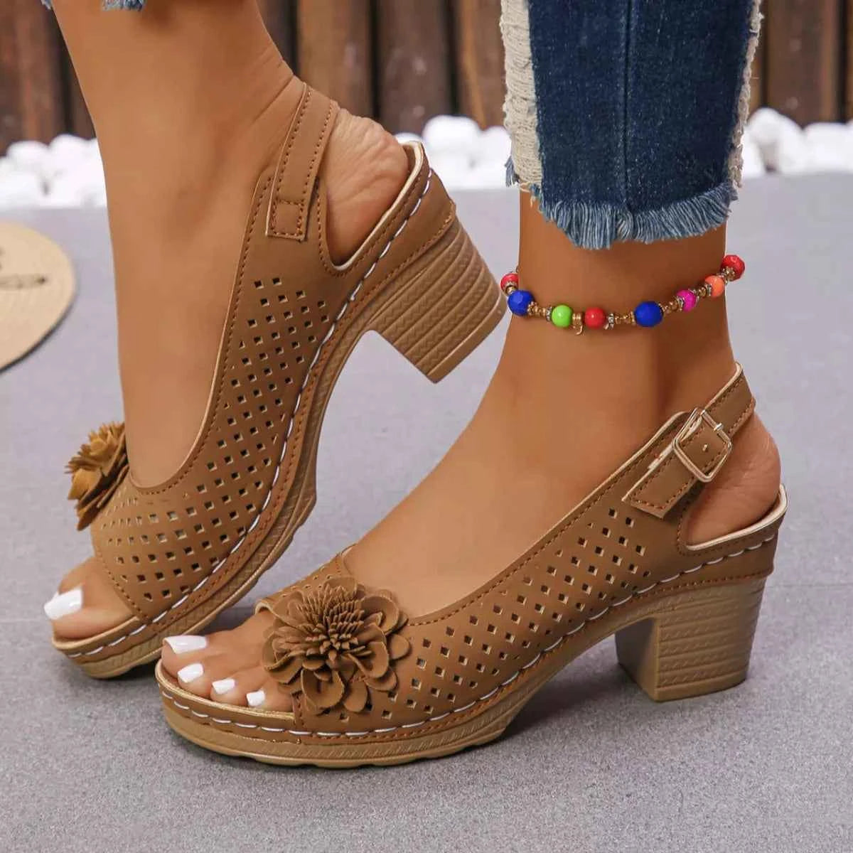 Floral Accent Block Heel Sandals