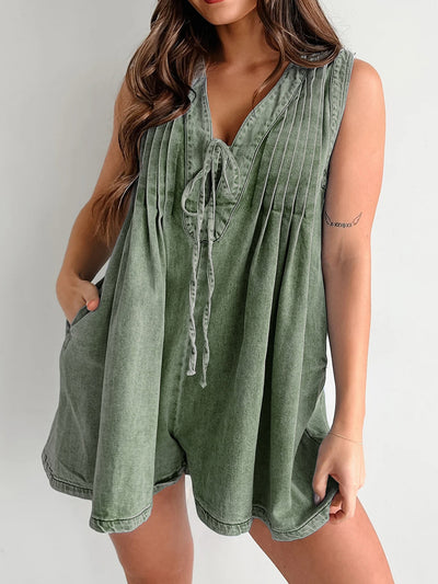 V-neck Pleated Tied Romper with Pockets