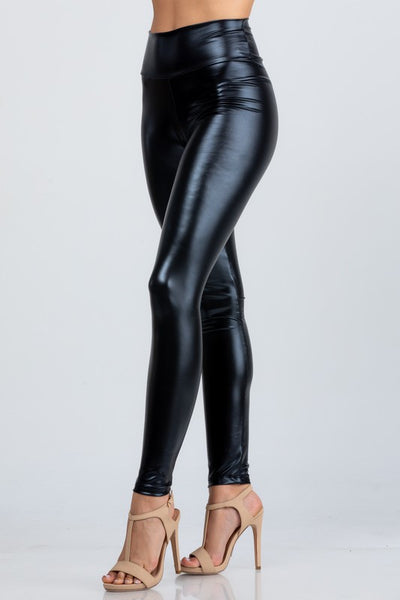 Jet Black High Waist Shiny PU Leather Leggings - Fashions Envy