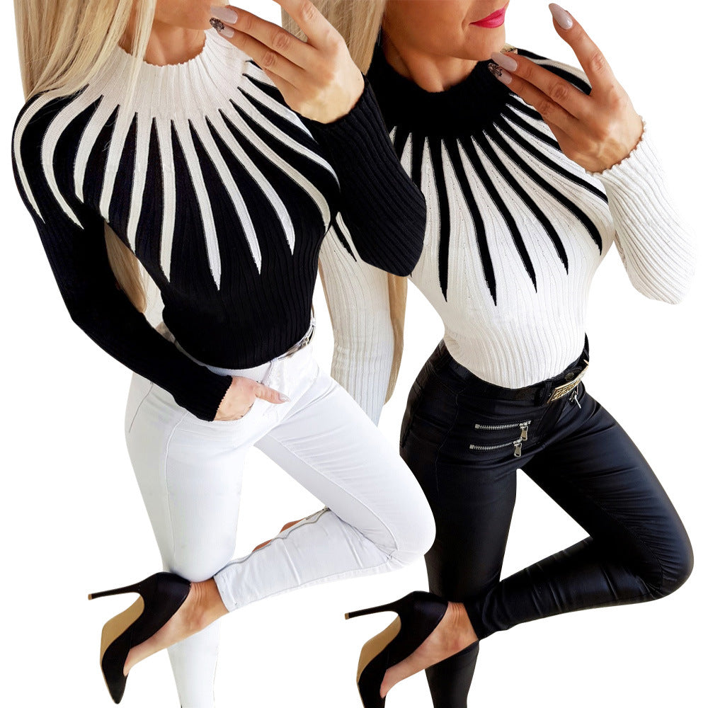 Striped Turtleneck Sweater - Bodycon Knit Style