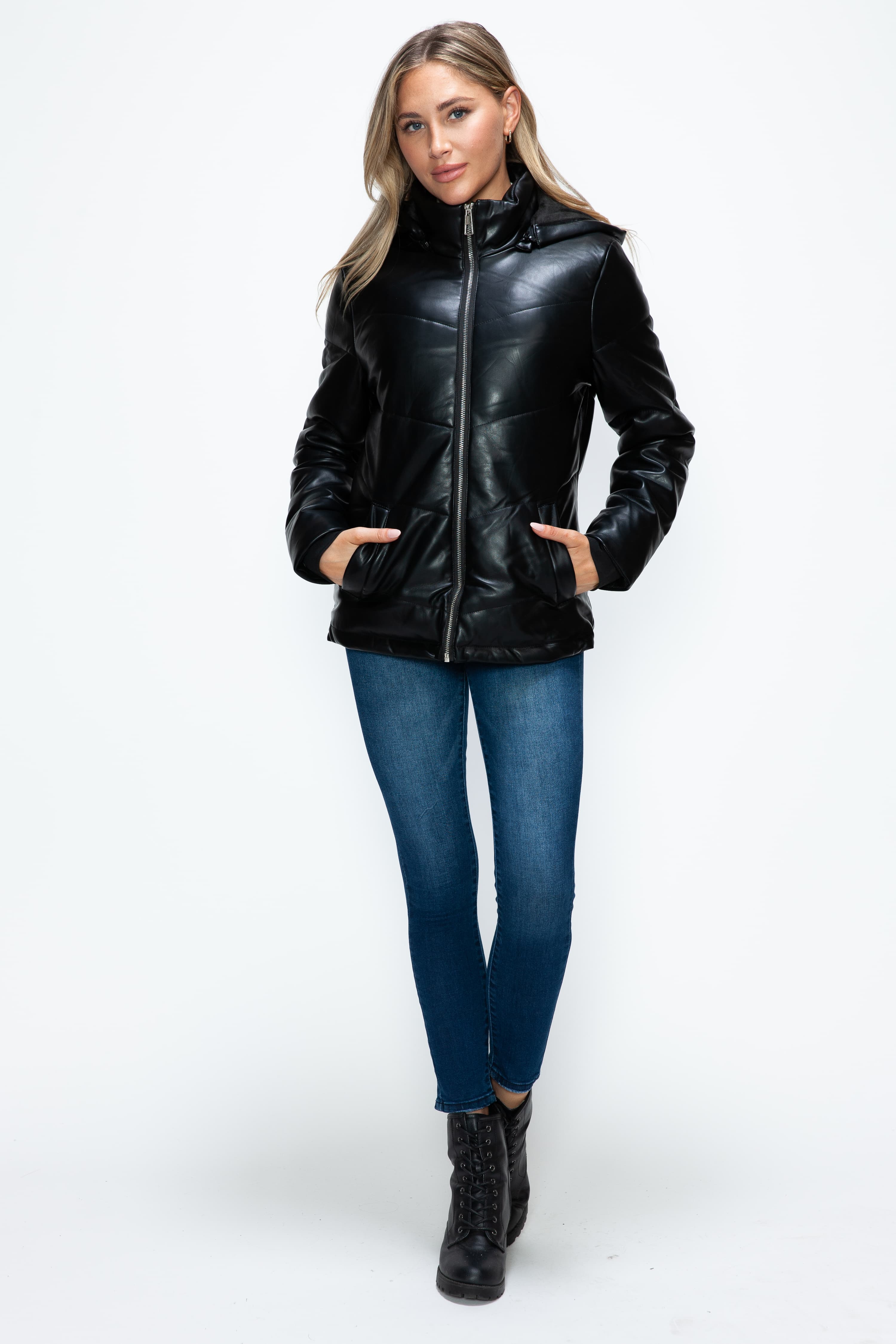 Black Pocketed Zip Up Puffer Jacket with Removable Hood