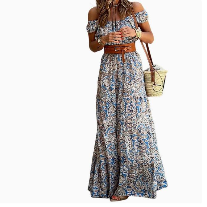 Floral Off-Shoulder Maxi Dress - Short Sleeve Summer