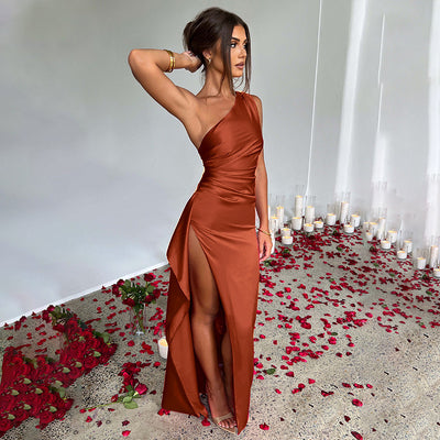 Sexy One-shoulder Slim-fit Backless Slit Satin Dress